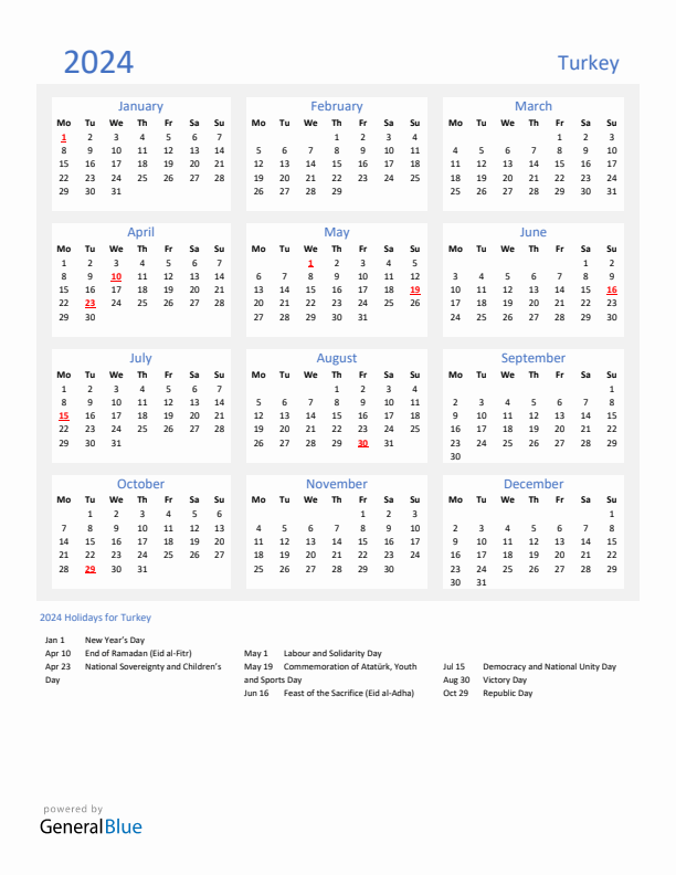 Basic Yearly Calendar with Holidays in Turkey for 2024