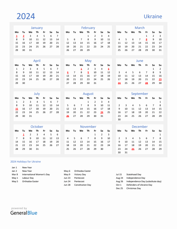 Basic Yearly Calendar with Holidays in Ukraine for 2024