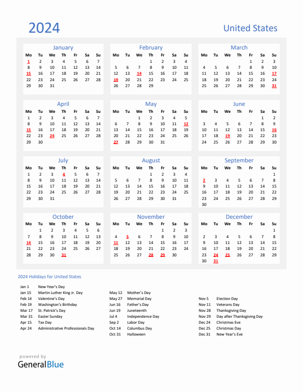 Basic Yearly Calendar with Holidays in United States for 2024