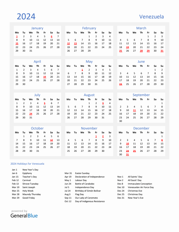 Basic Yearly Calendar with Holidays in Venezuela for 2024