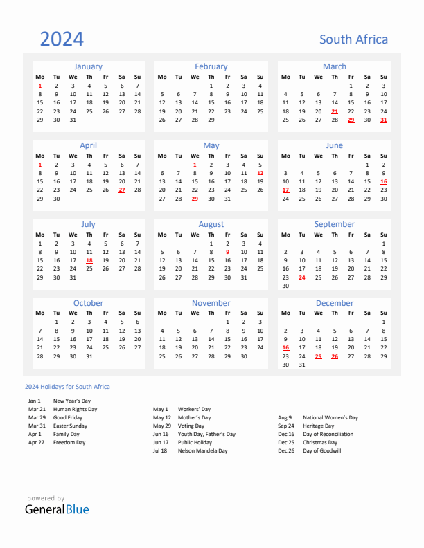 Basic Yearly Calendar with Holidays in South Africa for 2024