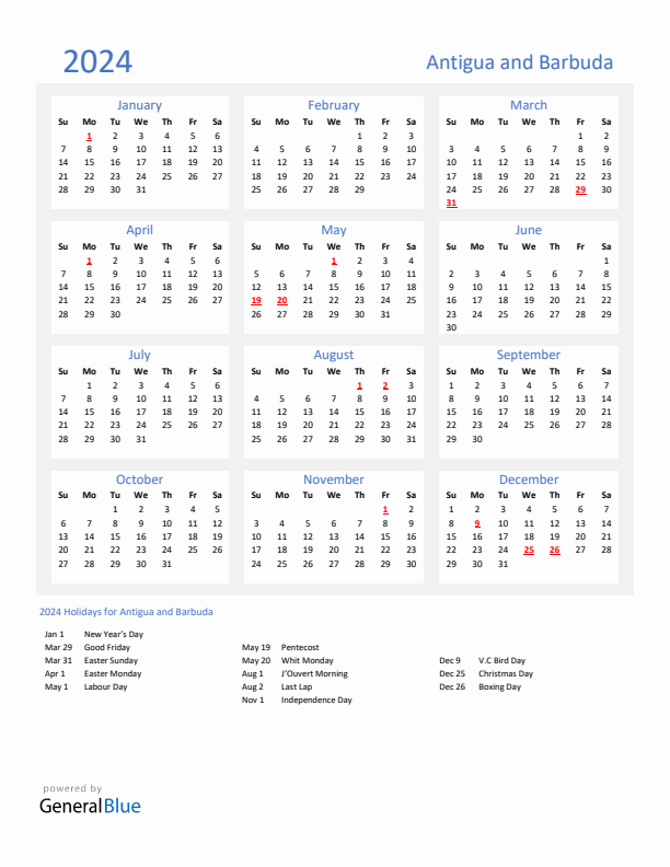 Basic Yearly Calendar with Holidays in Antigua and Barbuda for 2024