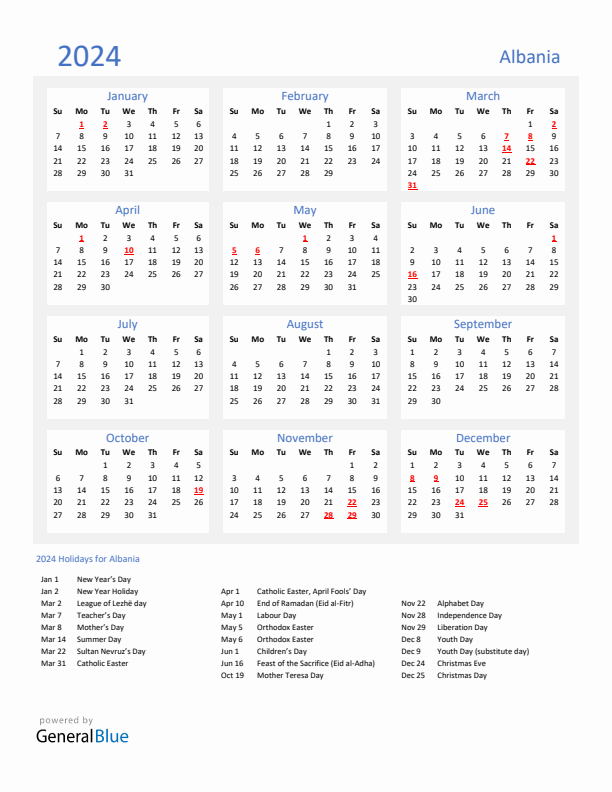 Basic Yearly Calendar with Holidays in Albania for 2024