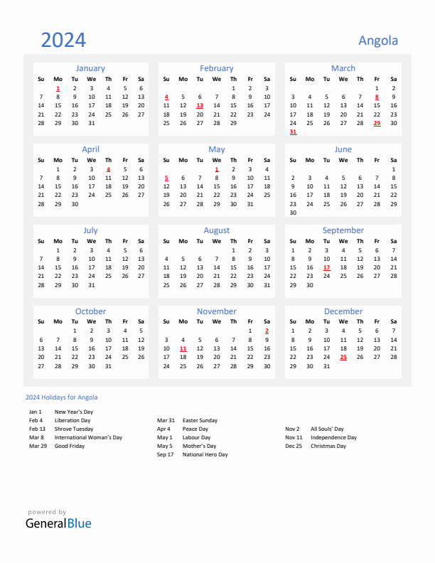 Basic Yearly Calendar with Holidays in Angola for 2024