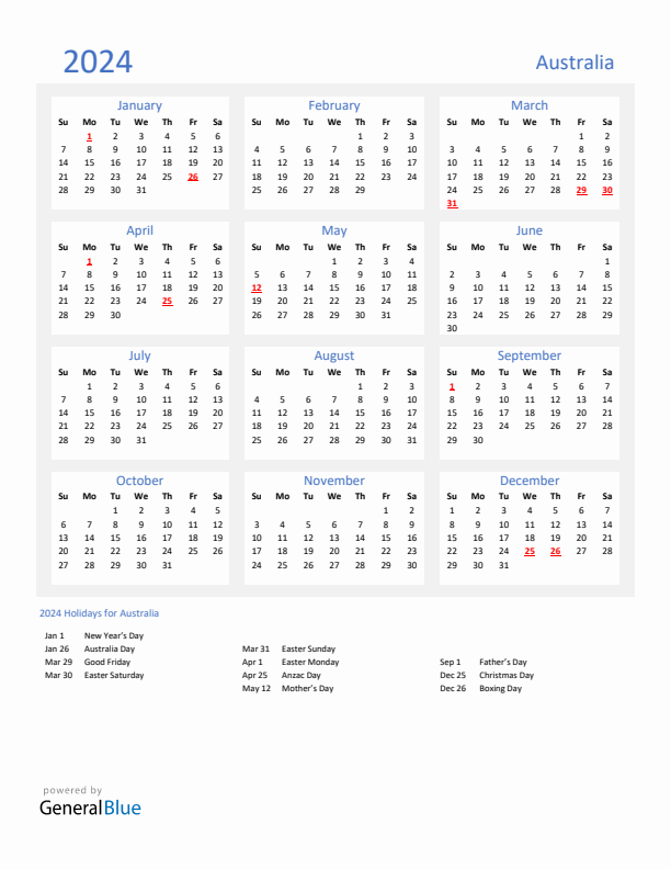 Basic Yearly Calendar with Holidays in Australia for 2024