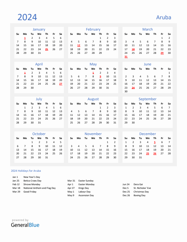 Basic Yearly Calendar with Holidays in Aruba for 2024