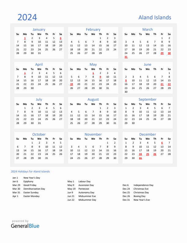 Basic Yearly Calendar with Holidays in Aland Islands for 2024
