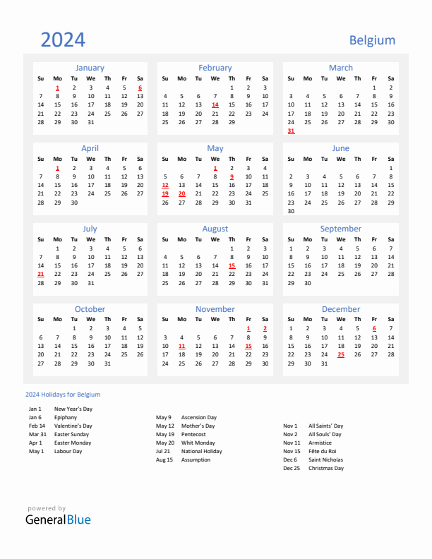 Basic Yearly Calendar with Holidays in Belgium for 2024