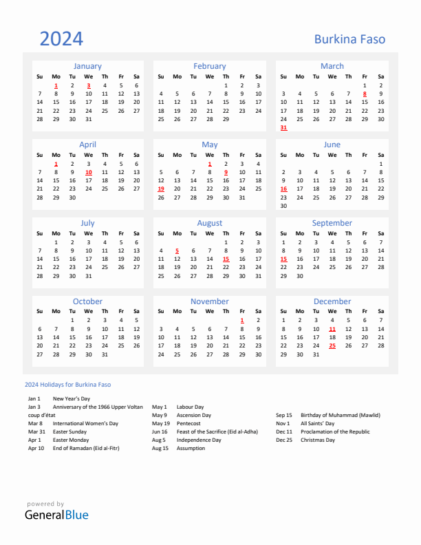 Basic Yearly Calendar with Holidays in Burkina Faso for 2024