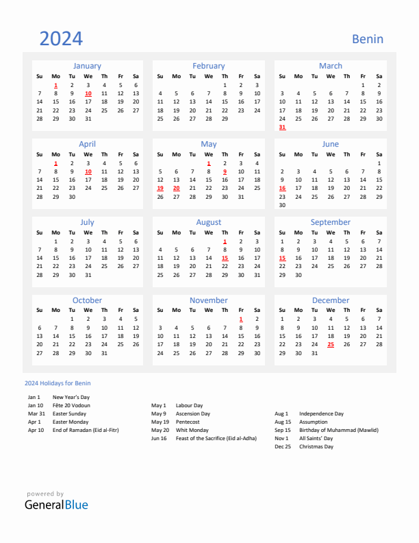 Basic Yearly Calendar with Holidays in Benin for 2024