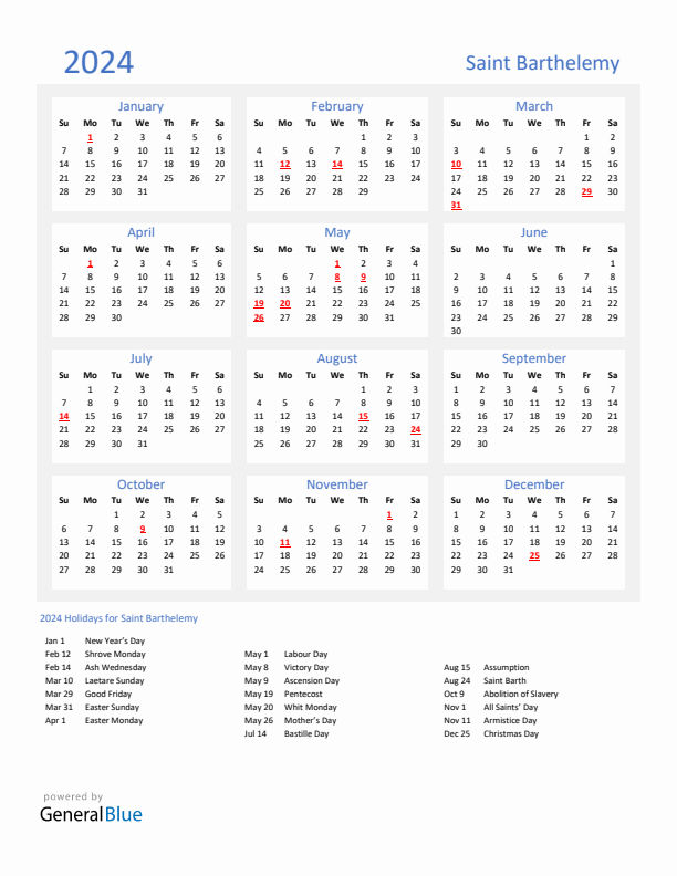 Basic Yearly Calendar with Holidays in Saint Barthelemy for 2024