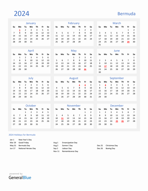 Basic Yearly Calendar with Holidays in Bermuda for 2024