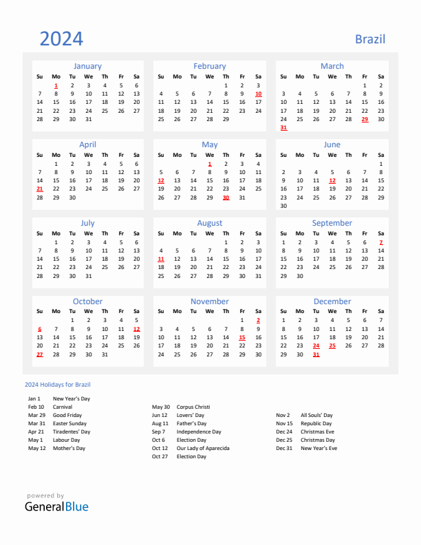 Basic Yearly Calendar with Holidays in Brazil for 2024