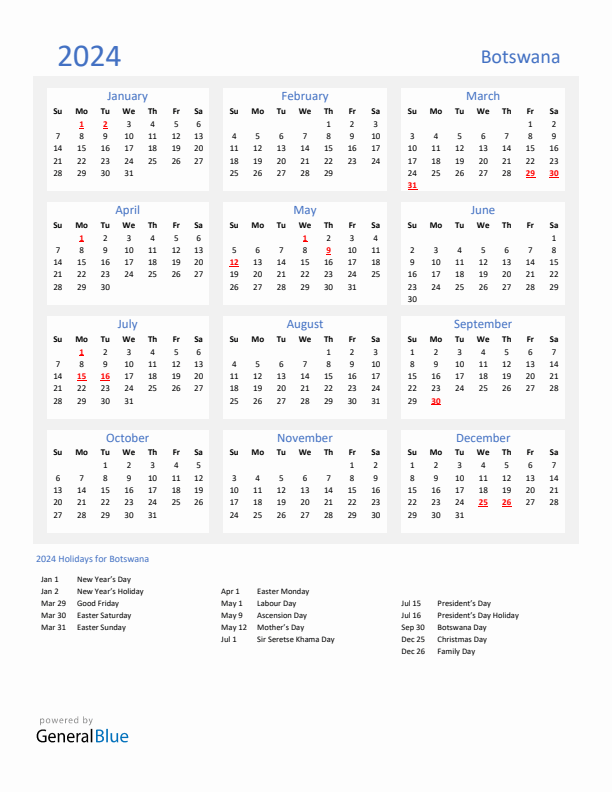 Basic Yearly Calendar with Holidays in Botswana for 2024