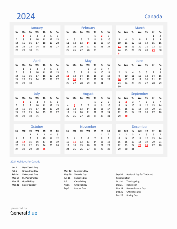 Basic Yearly Calendar with Holidays in Canada for 2024