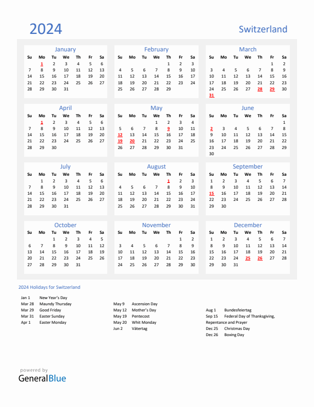 Basic Yearly Calendar with Holidays in Switzerland for 2024