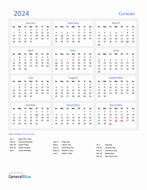 Basic Yearly Calendar with Holidays in Curacao for 2024