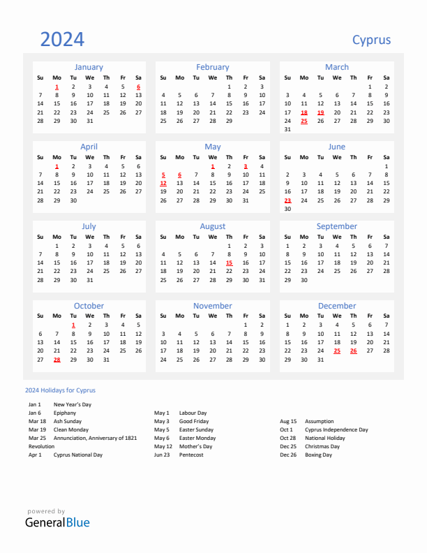 Basic Yearly Calendar with Holidays in Cyprus for 2024