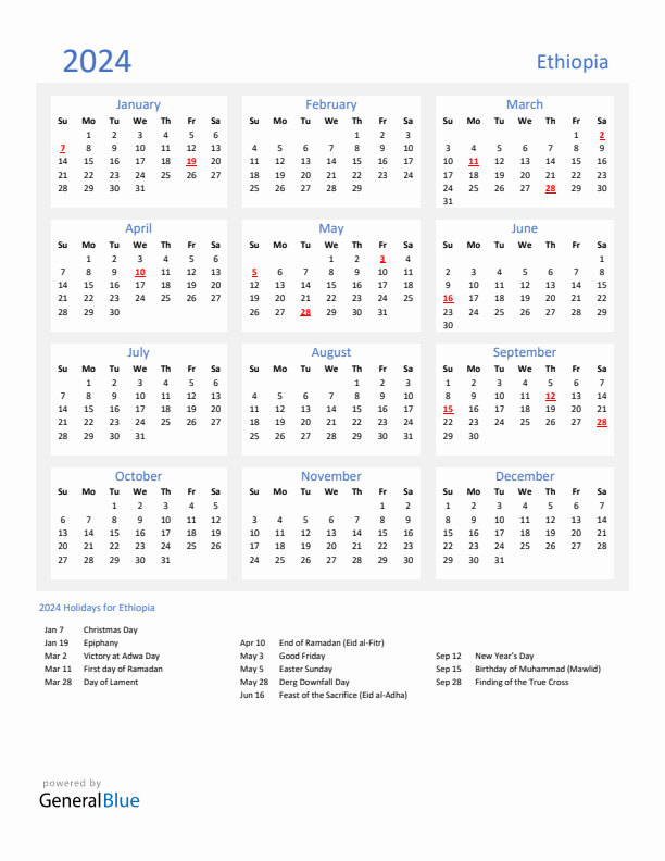 Basic Yearly Calendar with Holidays in Ethiopia for 2024