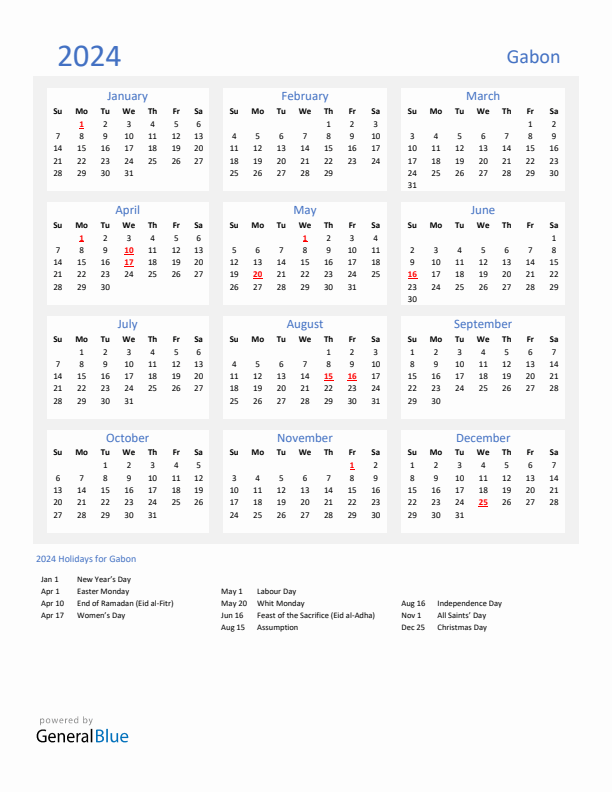 Basic Yearly Calendar with Holidays in Gabon for 2024