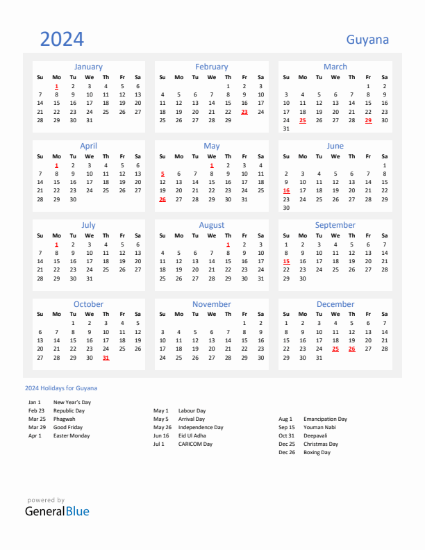Basic Yearly Calendar with Holidays in Guyana for 2024