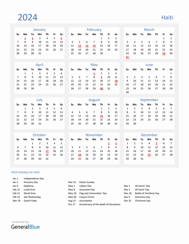 Basic Yearly Calendar with Holidays in Haiti for 2024