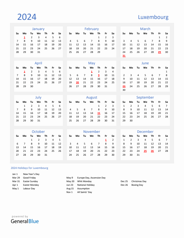 Basic Yearly Calendar with Holidays in Luxembourg for 2024