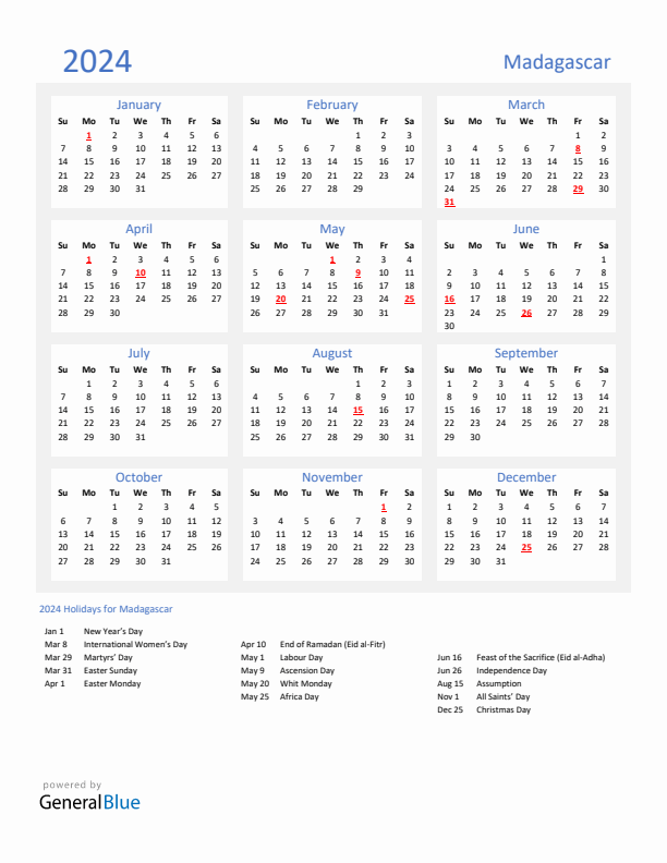 Basic Yearly Calendar with Holidays in Madagascar for 2024