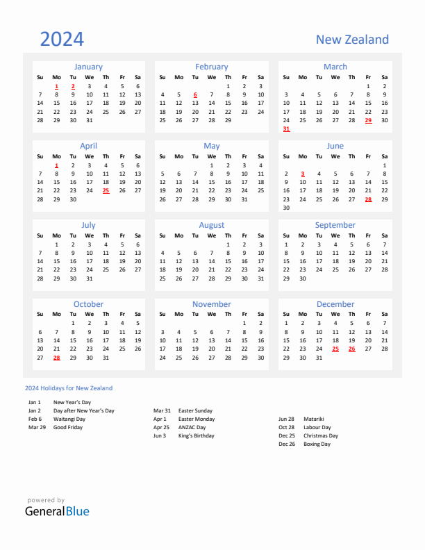 Basic Yearly Calendar with Holidays in New Zealand for 2024