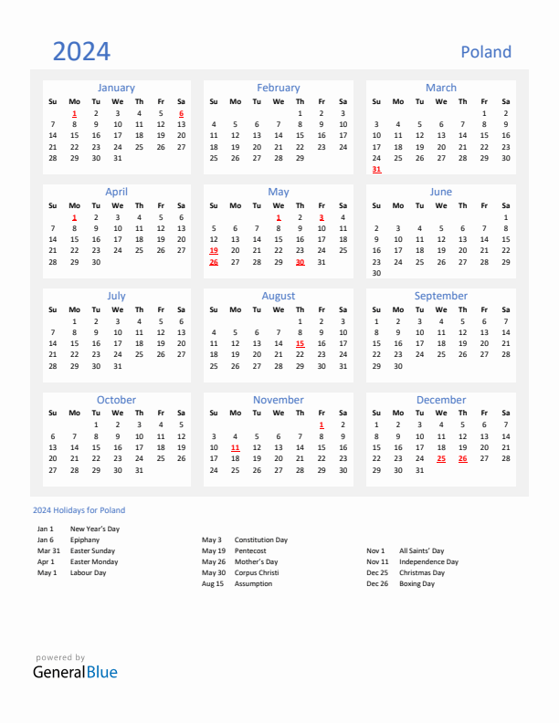 Basic Yearly Calendar with Holidays in Poland for 2024