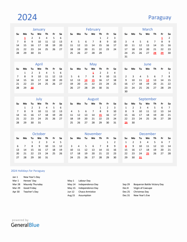 Basic Yearly Calendar with Holidays in Paraguay for 2024
