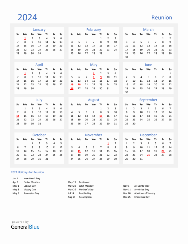 Basic Yearly Calendar with Holidays in Reunion for 2024