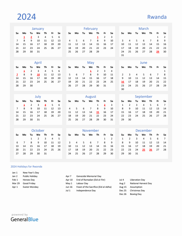 Basic Yearly Calendar with Holidays in Rwanda for 2024