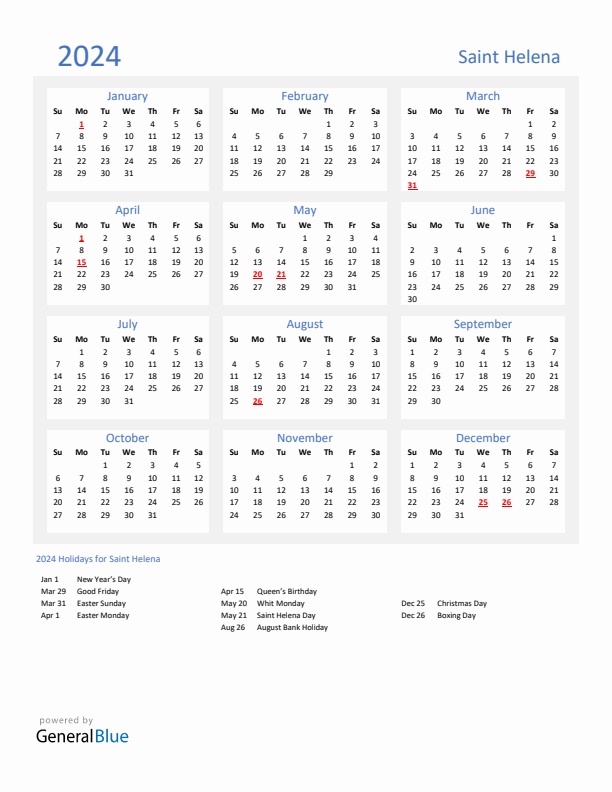 Basic Yearly Calendar with Holidays in Saint Helena for 2024