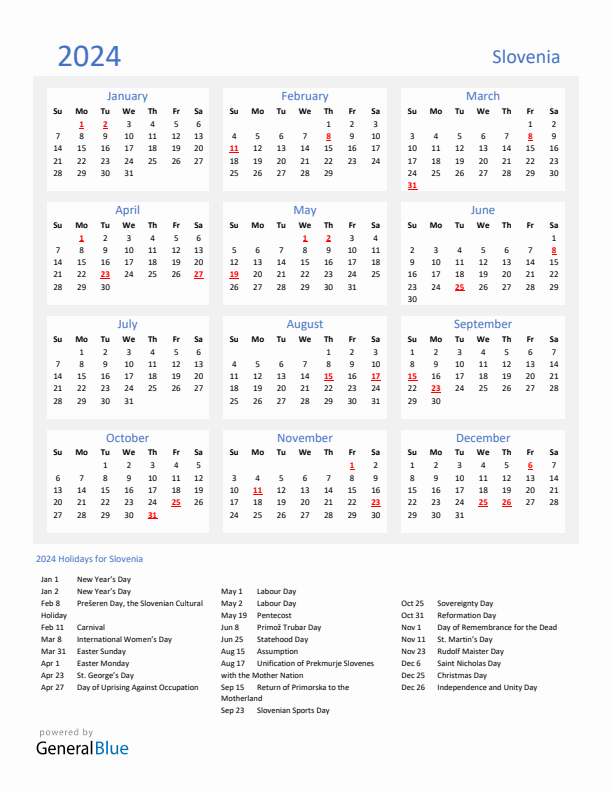 Basic Yearly Calendar with Holidays in Slovenia for 2024