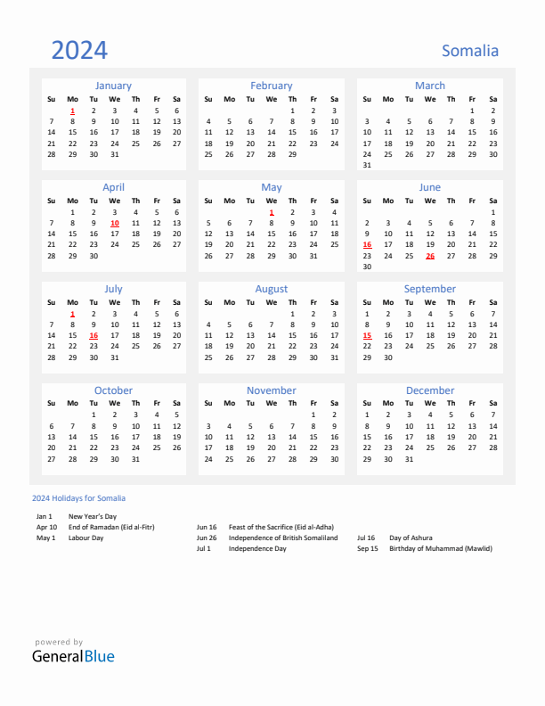 Basic Yearly Calendar with Holidays in Somalia for 2024