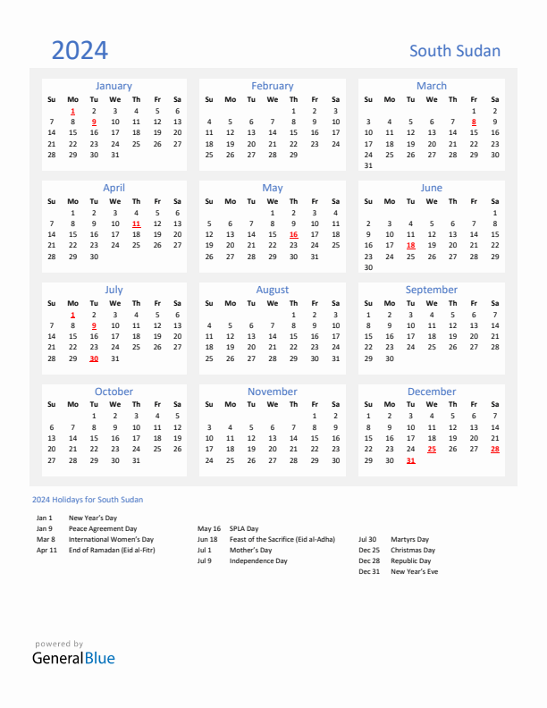 Basic Yearly Calendar with Holidays in South Sudan for 2024