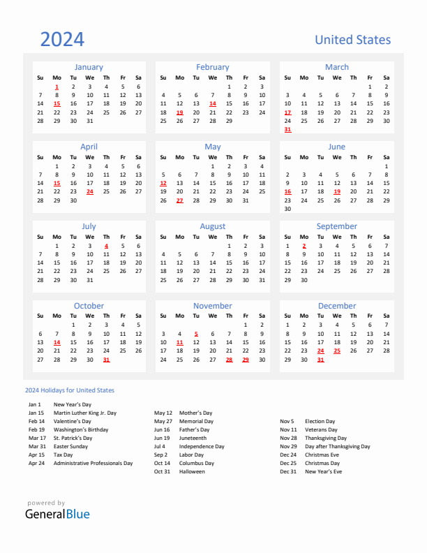 Basic Yearly Calendar with Holidays in United States for 2024