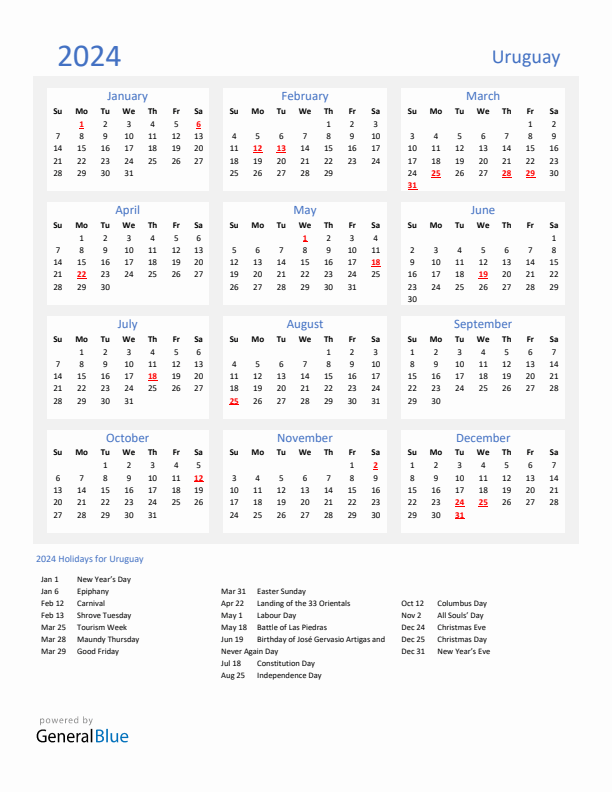 Basic Yearly Calendar with Holidays in Uruguay for 2024