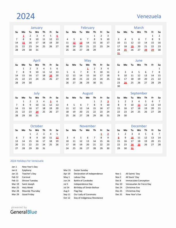 Basic Yearly Calendar with Holidays in Venezuela for 2024