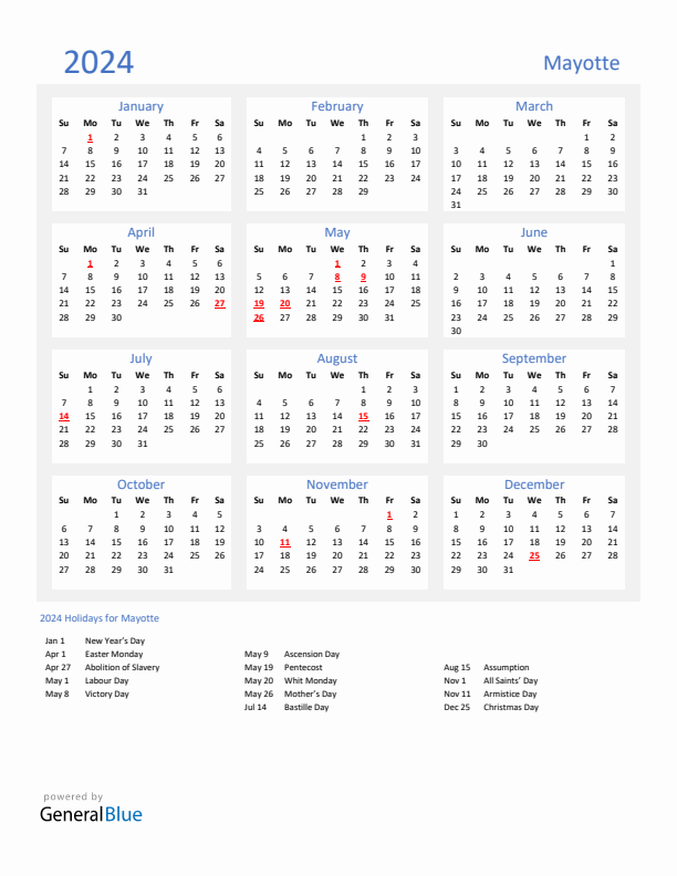 Basic Yearly Calendar with Holidays in Mayotte for 2024