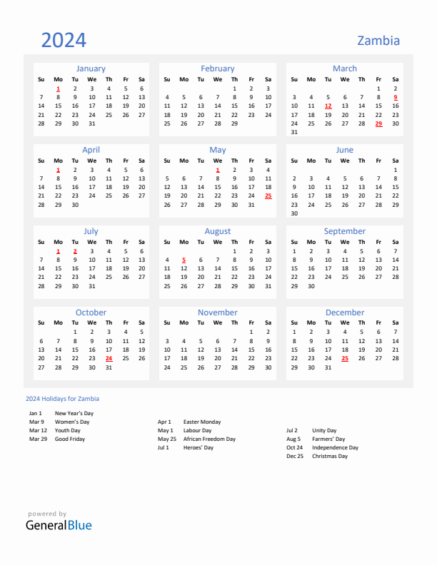 Basic Yearly Calendar with Holidays in Zambia for 2024