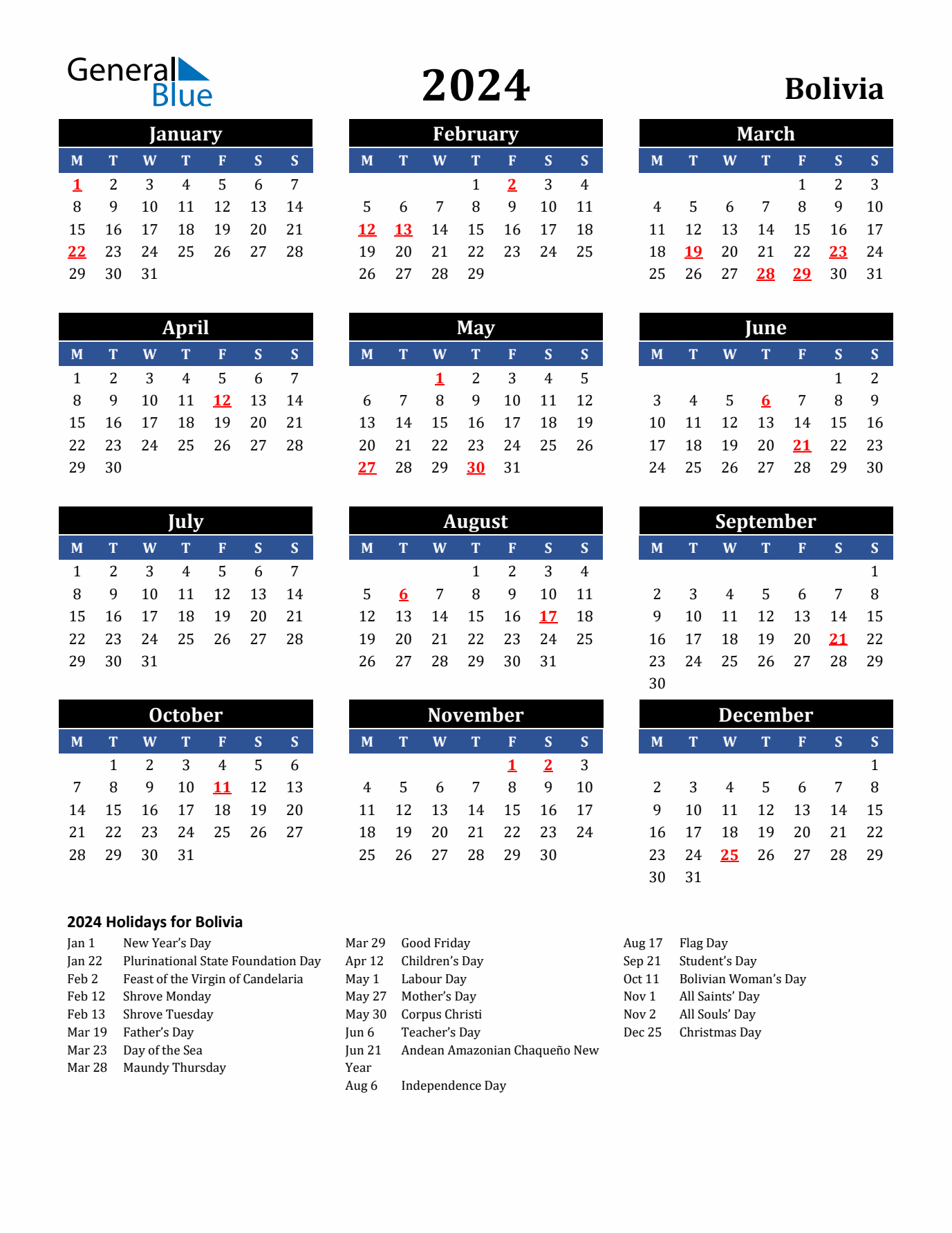 2024 Bolivia Holiday Calendar