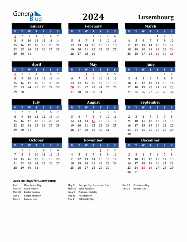 2024 Luxembourg Holiday Calendar