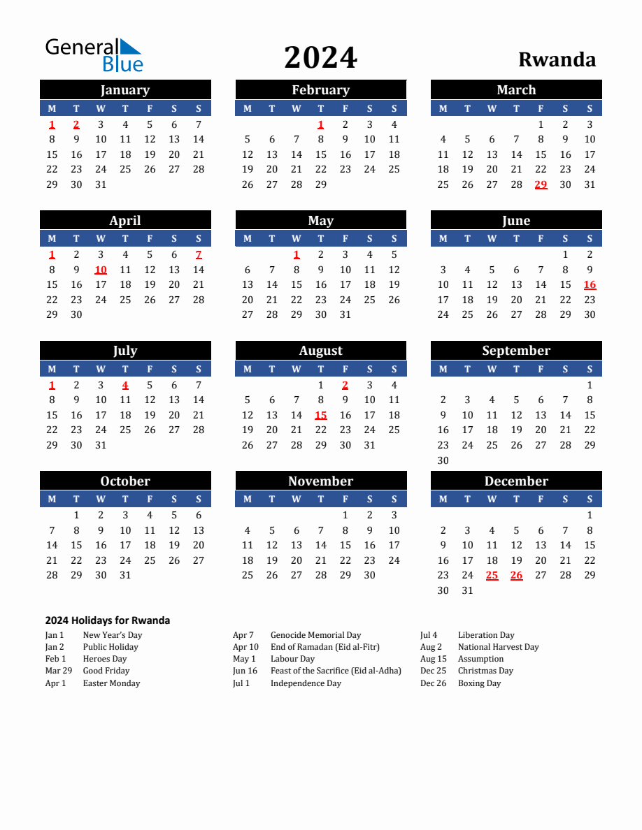 2024 Rwanda Holiday Calendar 2024 Rwanda Holiday Calendar