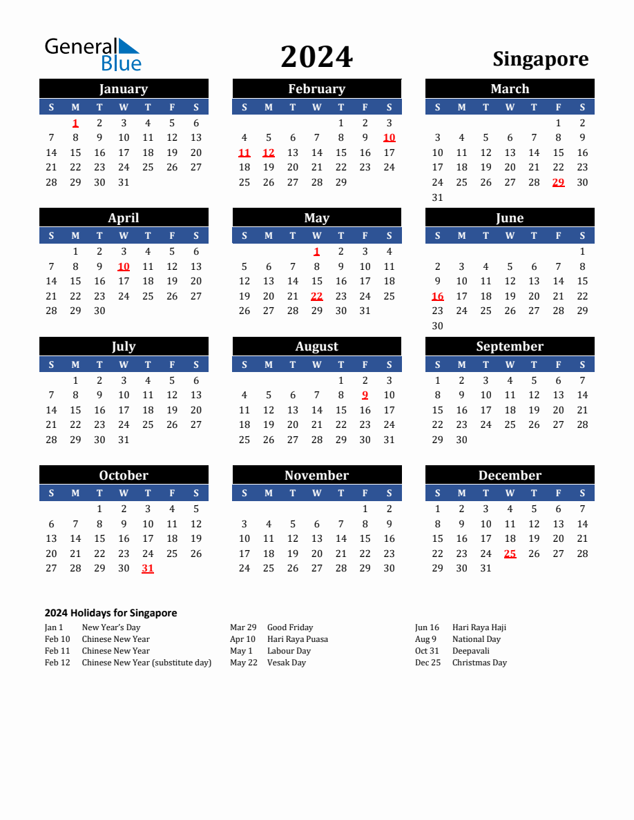 2024 Singapore Holiday Calendar