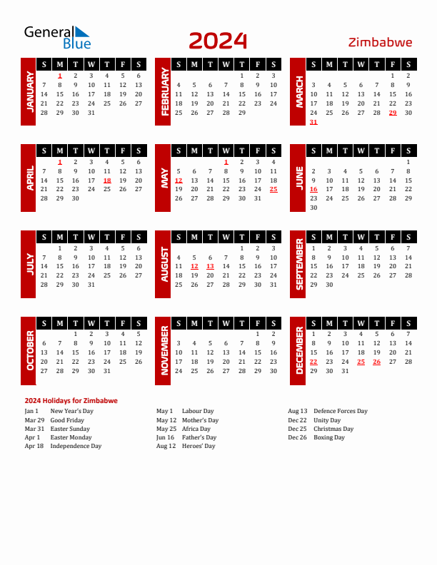 2024 Zimbabwe Calendar With Holidays 2024 Zimbabwe Calendar With Holidays