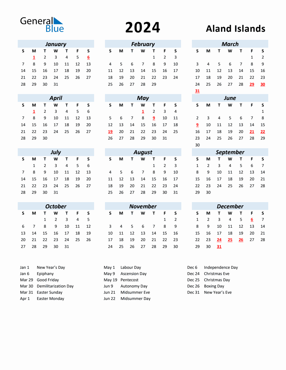 2024 Yearly Calendar for Aland Islands with Holidays