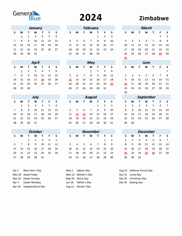 2024 Zimbabwe Calendar With Holidays 2024 Zimbabwe Calendar With Holidays