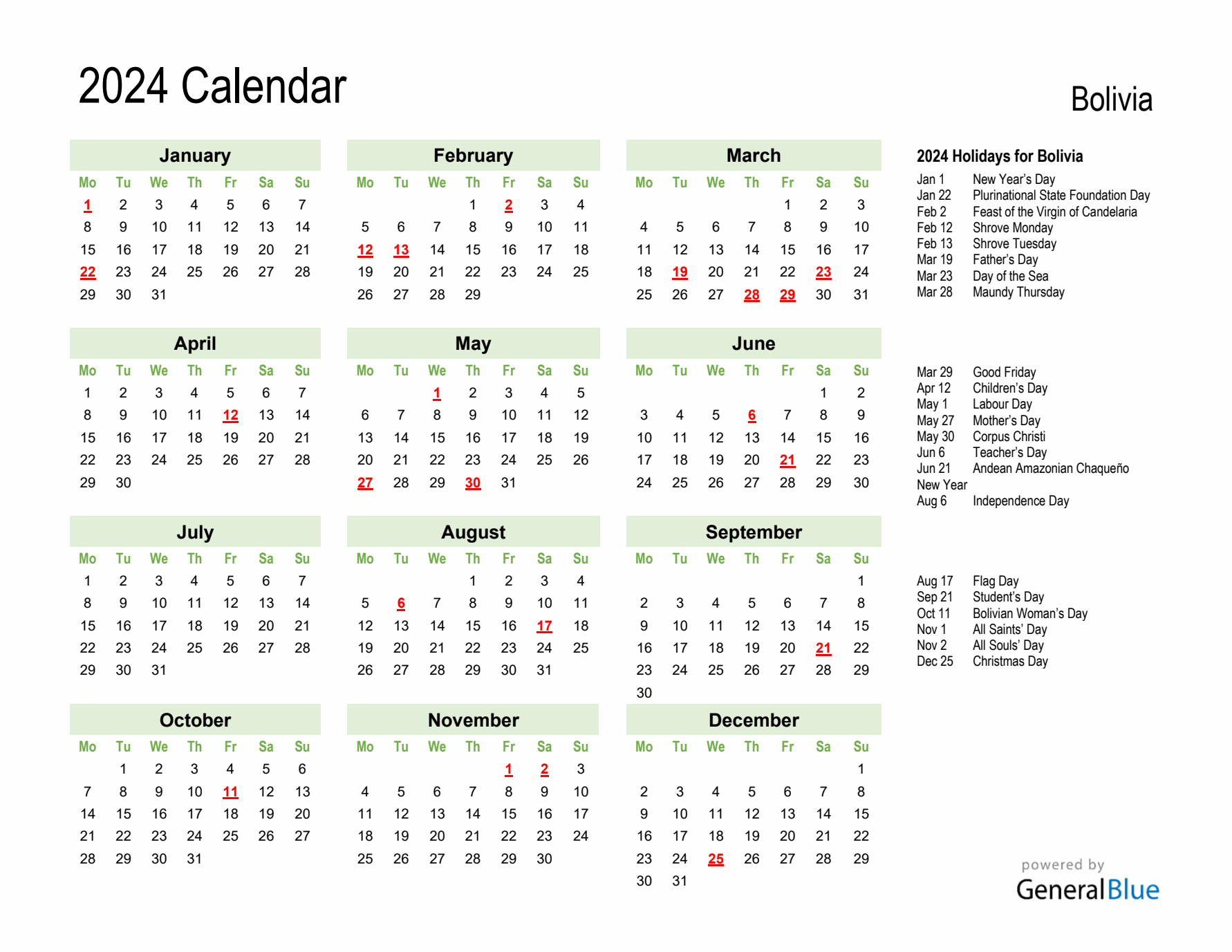 Holiday Calendar 2024 for Bolivia (Monday Start)